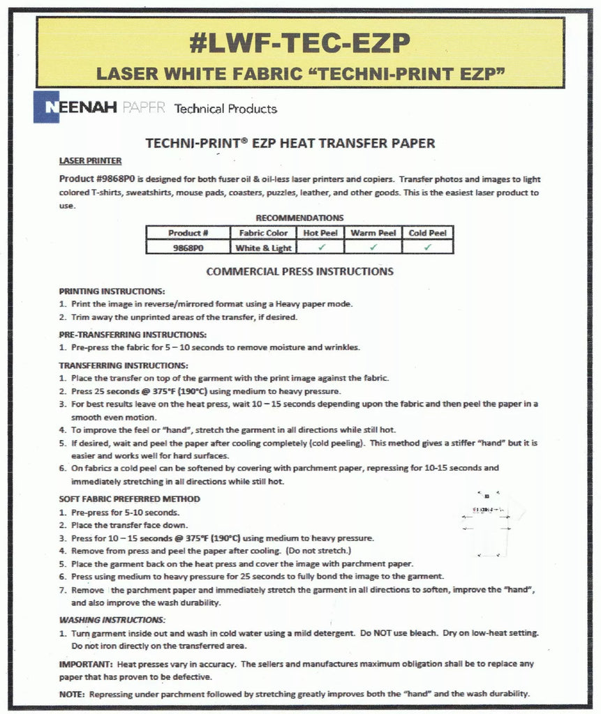 Neenah TECHNI-PRINT EZP 11" x 17" 100 Sheets - Laser Heat Transfer Paper For Light Fabrics For Laser Printers, CLC Machines & Offset Printers