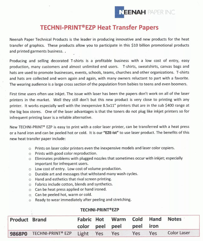 Neenah TECHNI-PRINT EZP 11" x 17" 100 Sheets - Laser Heat Transfer Paper For Light Fabrics For Laser Printers, CLC Machines & Offset Printers